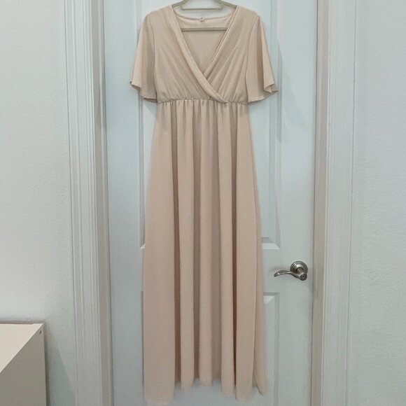 PinkBlush Beige Chiffon Bell Sleeve Maxi Dress Size Small - Picture 4 of 11